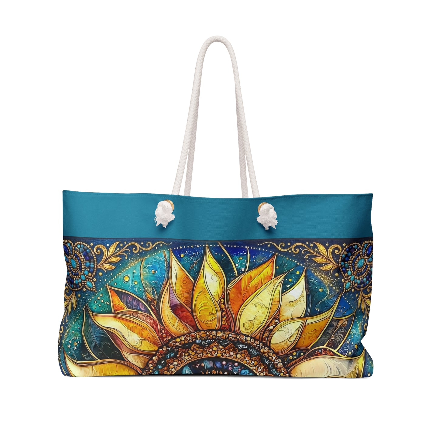 Sunflower Mandala Weekender Bag  Boho Floral Tote, Beach Travel Bag