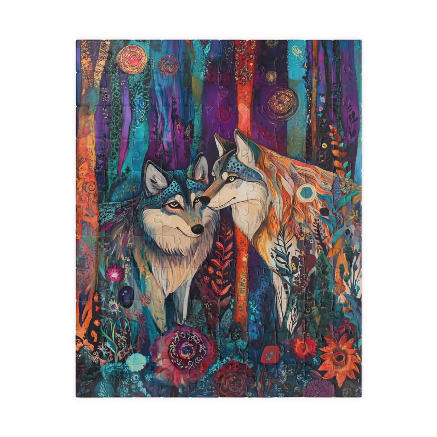 Whimsical Wolf Pair Puzzle | Colorful Forest Art Jigsaw