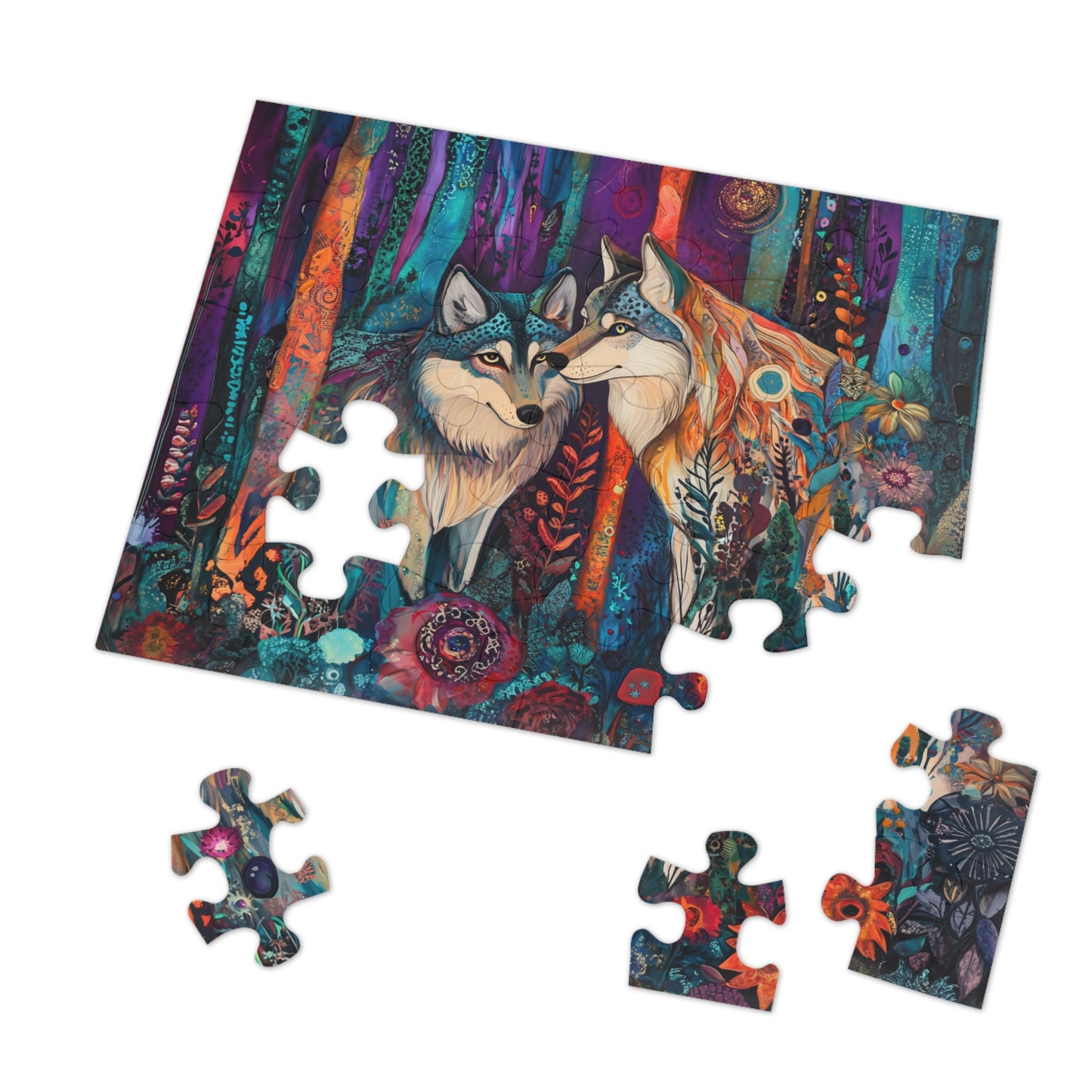Mystic Wolves jigsaw puzzle with tin | colorful forest wolf art