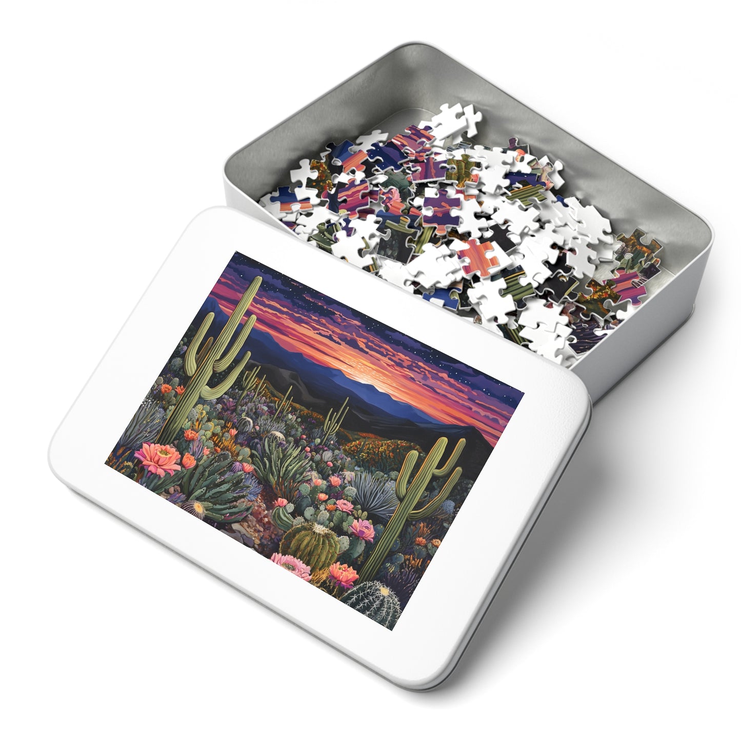 Desert Cactus Sunset Jigsaw Puzzle with Tin | Desert Landscape Puzzle