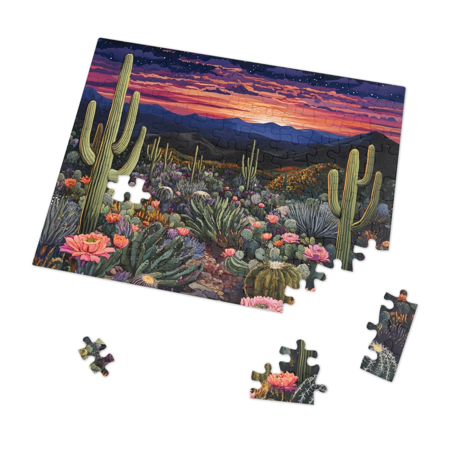 Desert Cactus Sunset Jigsaw Puzzle with Tin | Desert Landscape Puzzle