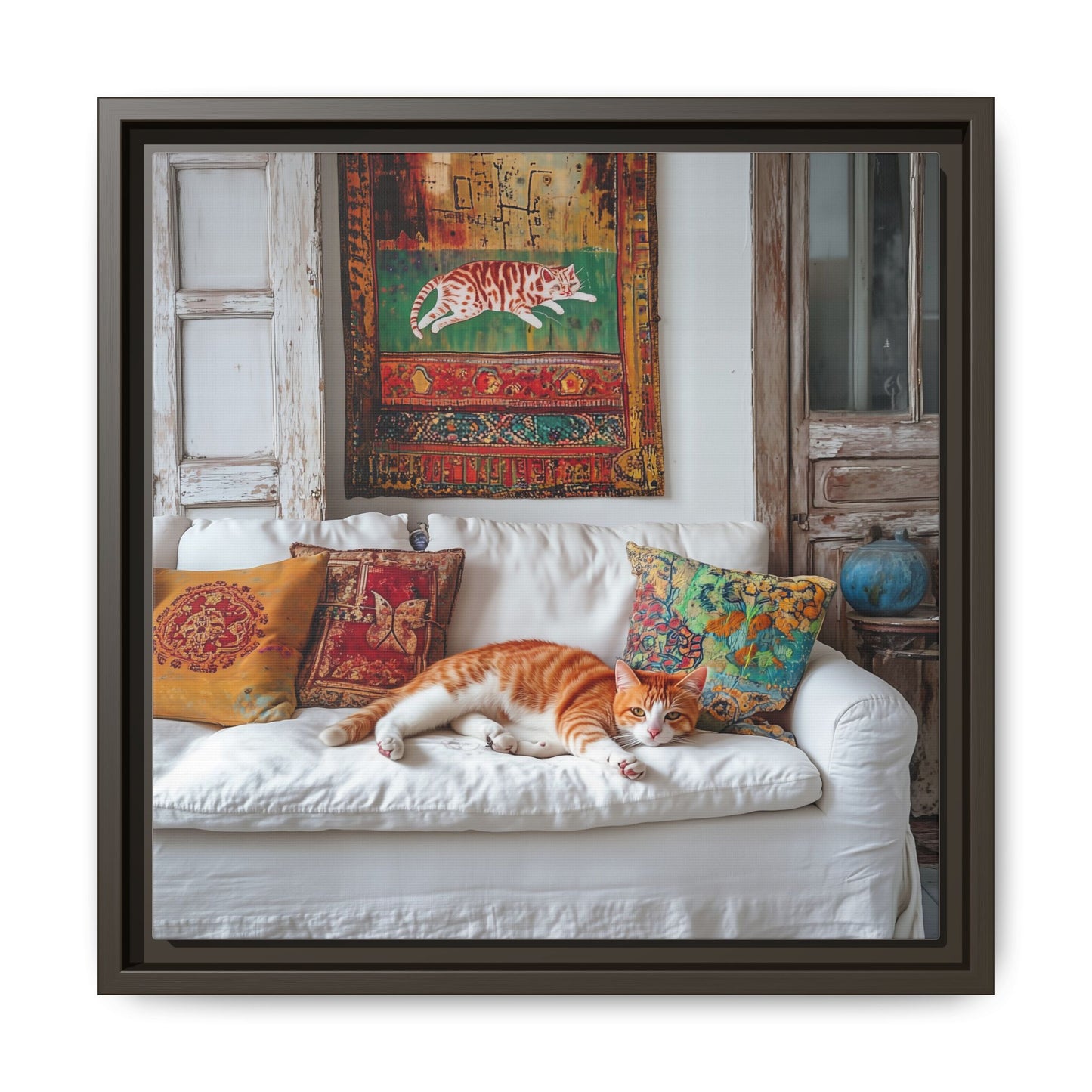 Orange Tabby "House Cat" Sleeping Ginger Cat Sofa Photo Framed Canvas