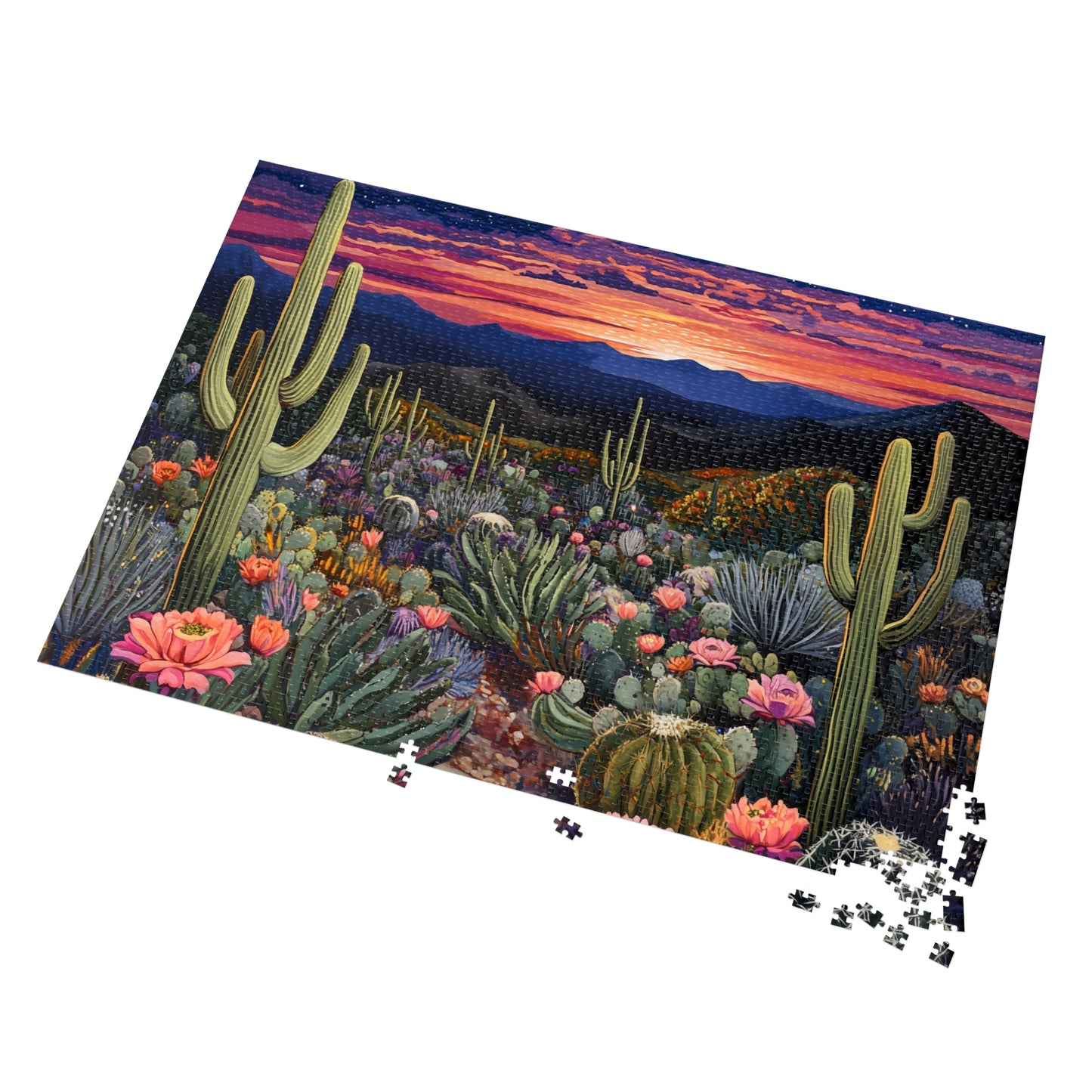 Desert Cactus Sunset Jigsaw Puzzle with Tin | Desert Landscape Puzzle