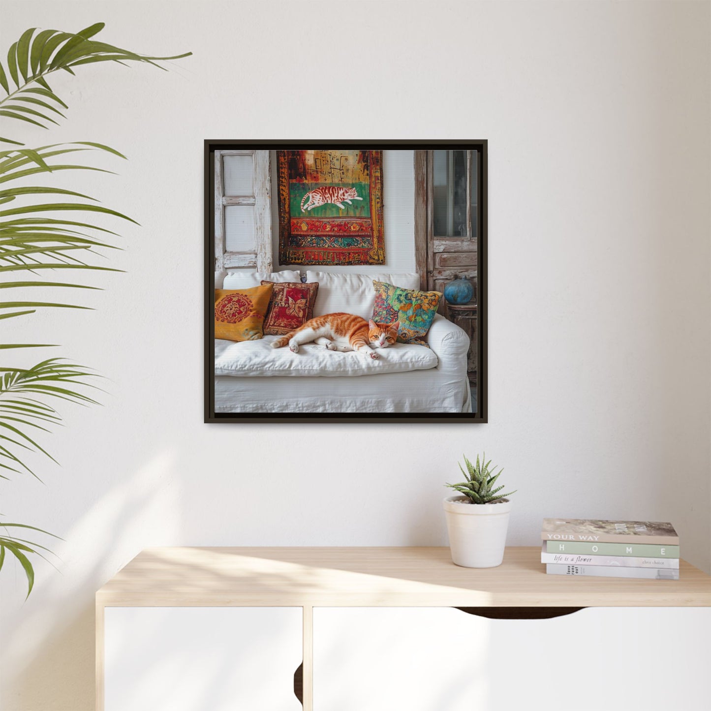 Orange Tabby "House Cat" Sleeping Ginger Cat Sofa Photo Framed Canvas