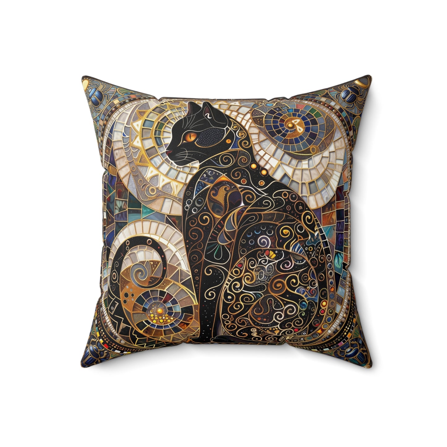 Mosaic Black Cat Pillow  Faux Suede Square Pillow