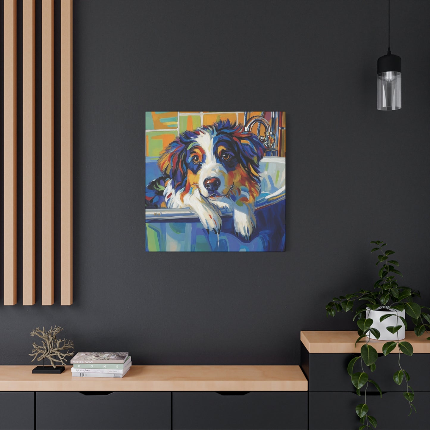 Aussie Bathtub Canvas, Australian Shepherd Art, Aussie Canvas, Tri Color Australian Shepherd Art, Dog Bathtub Prints