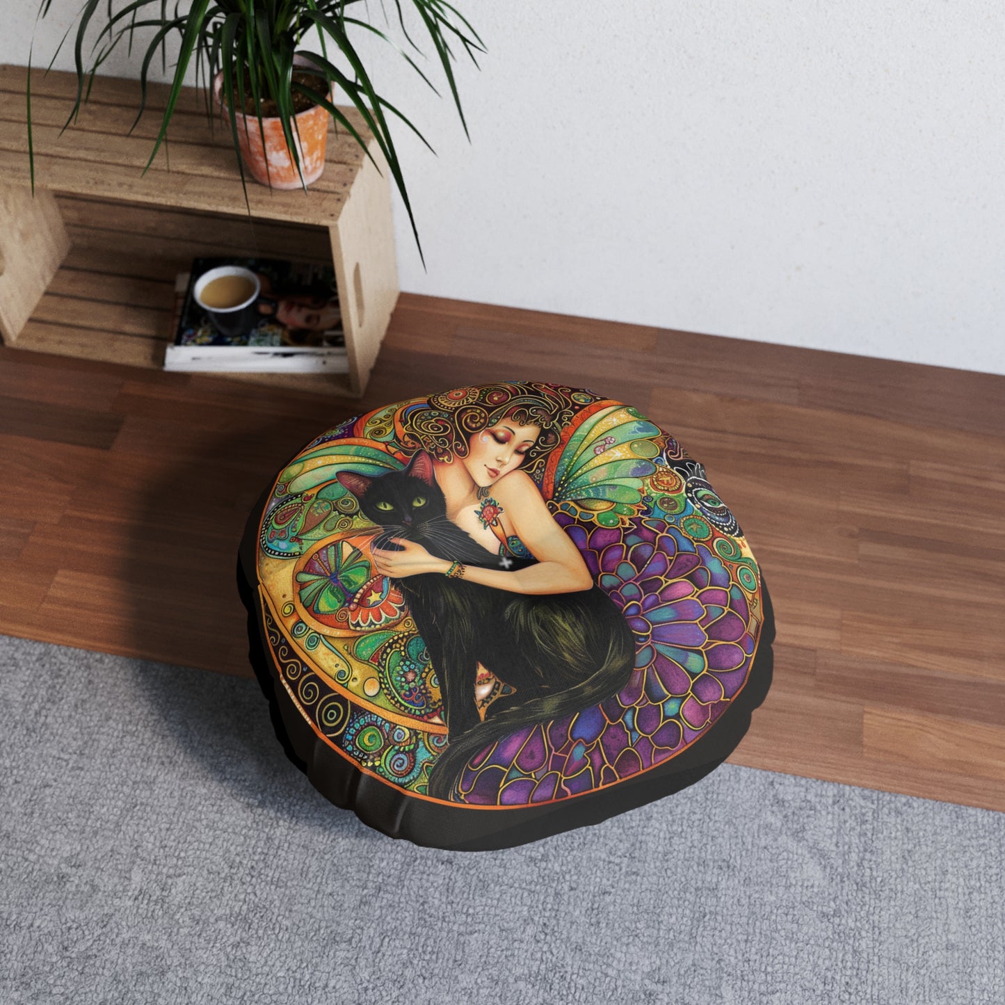 Spellbound Fairy Tufted Floor Pillow, Cozy Décor, Boho Living Room Cushion, Unique Gift for Cat Lovers, Artful Home Accent