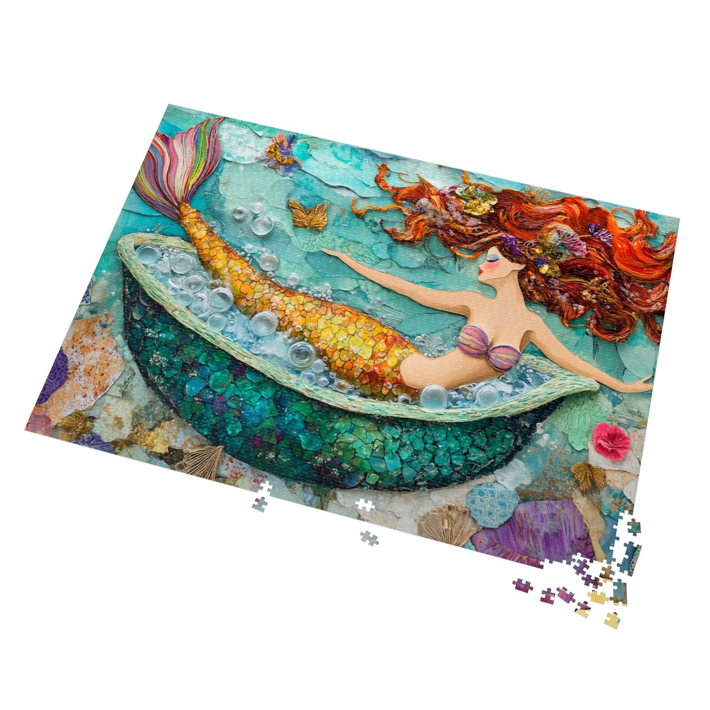 Bubbles Mermaid Bath Tub Jigsaw Puzzle with Tin | Colorful Redhead Mermaid Art Puzzle