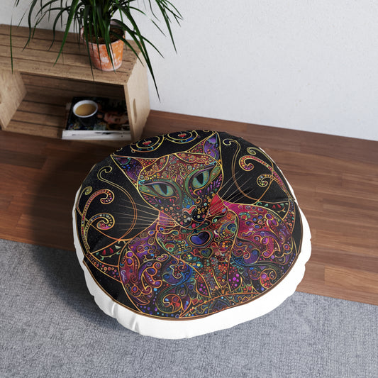 Vibrant Cat Art Floor Pillow: Bohemian Decor, Cozy Cushion, Colorful Home Accent, Cat Lover Gift, Round Tufted Pillow