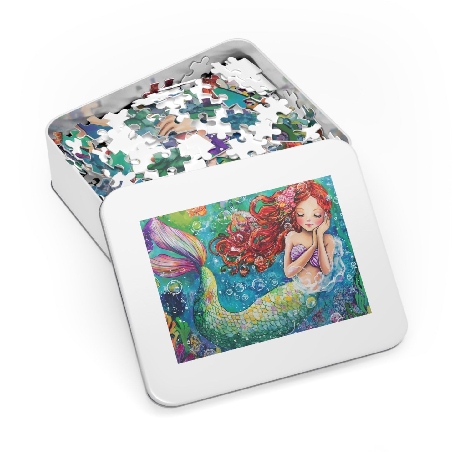 Whimsical Redhead Mermaid Jigsaw Puzzle with Tin | Colorful Underwater Scene