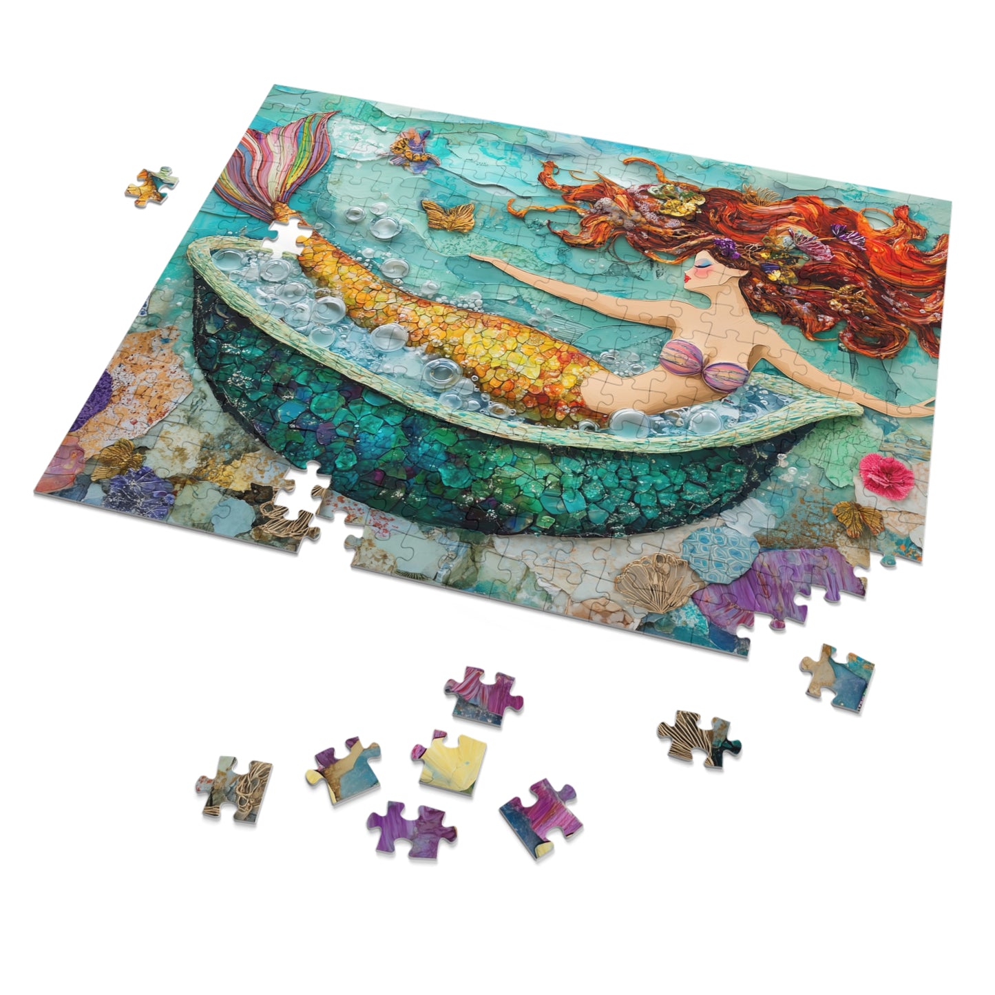 Bubbles Mermaid Bath Tub Jigsaw Puzzle with Tin | Colorful Redhead Mermaid Art Puzzle