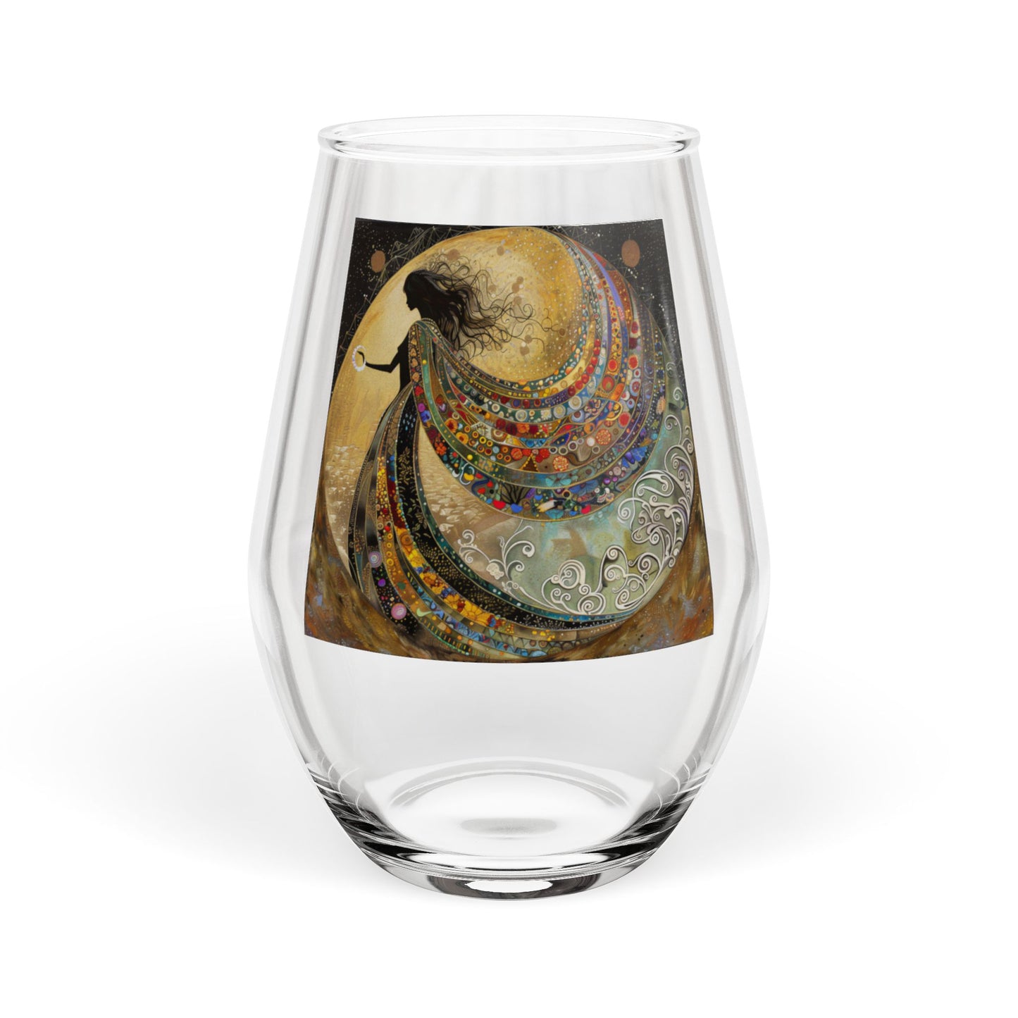 Abstract Crescent Moon Goddess Artwork Stemless Wine Glass | Celestial Night Illustration