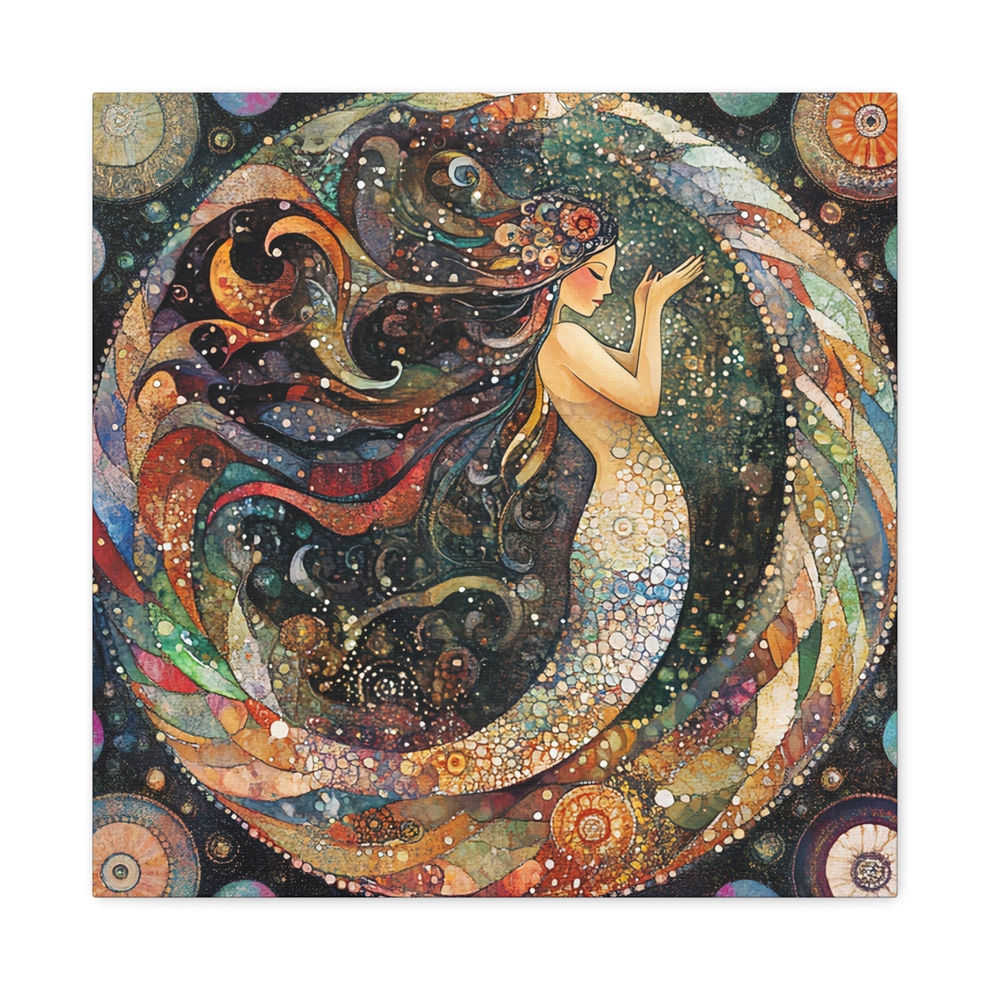 Autumnl Mermaid Canvas Art, Stretched Wall Decor, Bohemian Home Accent, Unique Gift for Sea Lovers, Nautical Art Piece, Coastal Room Decor