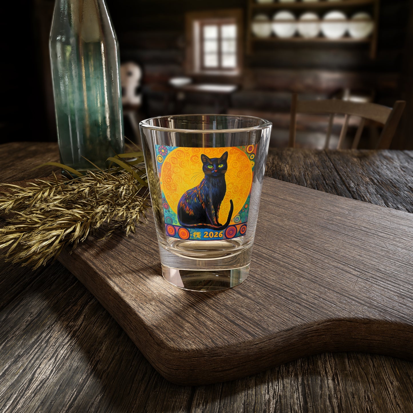 Happy New Year Black Cat Artwork 2026 Shot Glass | 2026 Colorful Cat Design