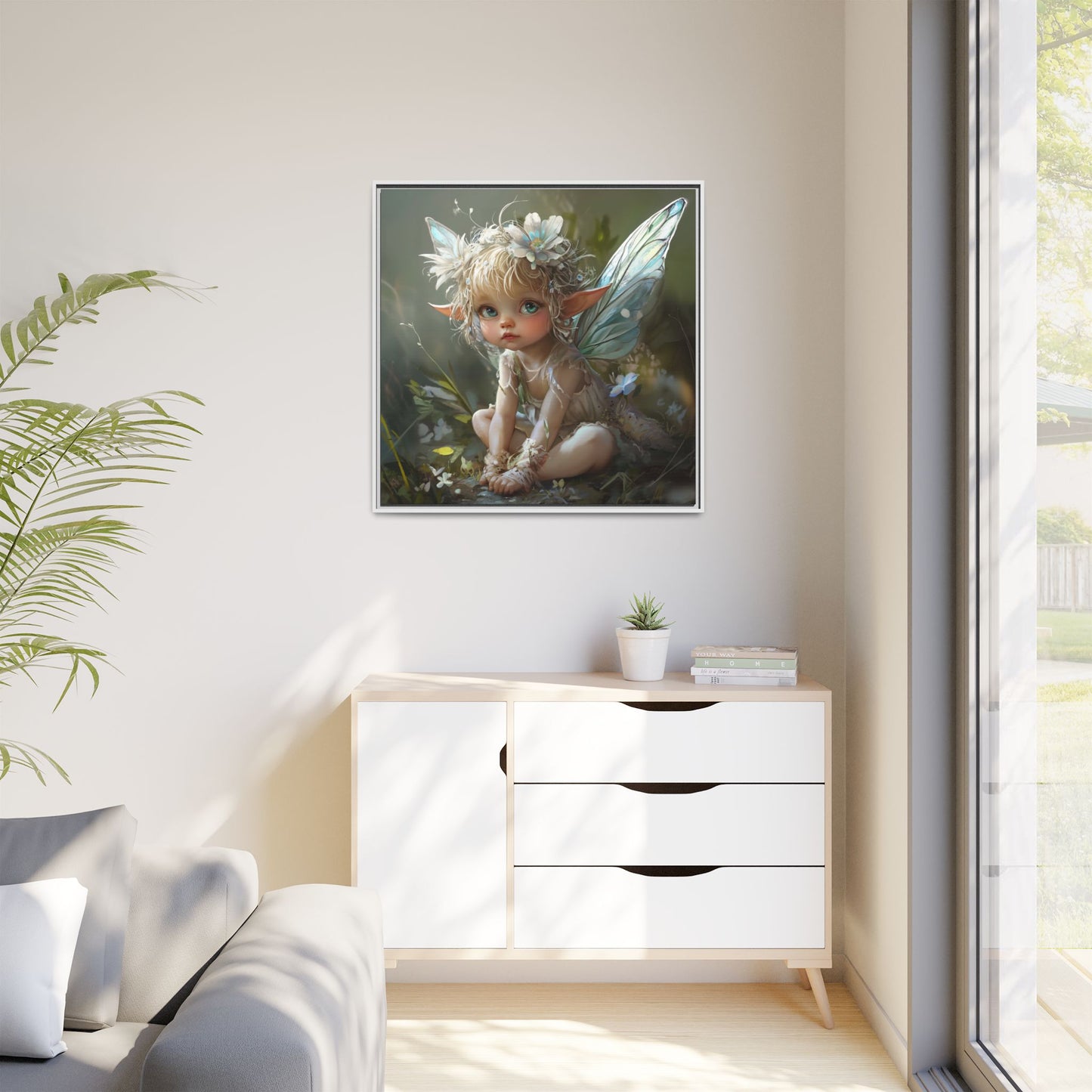 Baby Fairy Art Print, Framed Canvas, Whimsical Home Decor, Fairy Tale Gift, Magical Nursery Wall Art