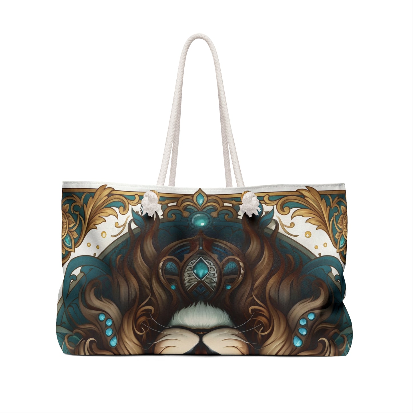 Ornate Lion Tote Mandala Weekender Bag  Turquoise Gold Boho Travel Tote