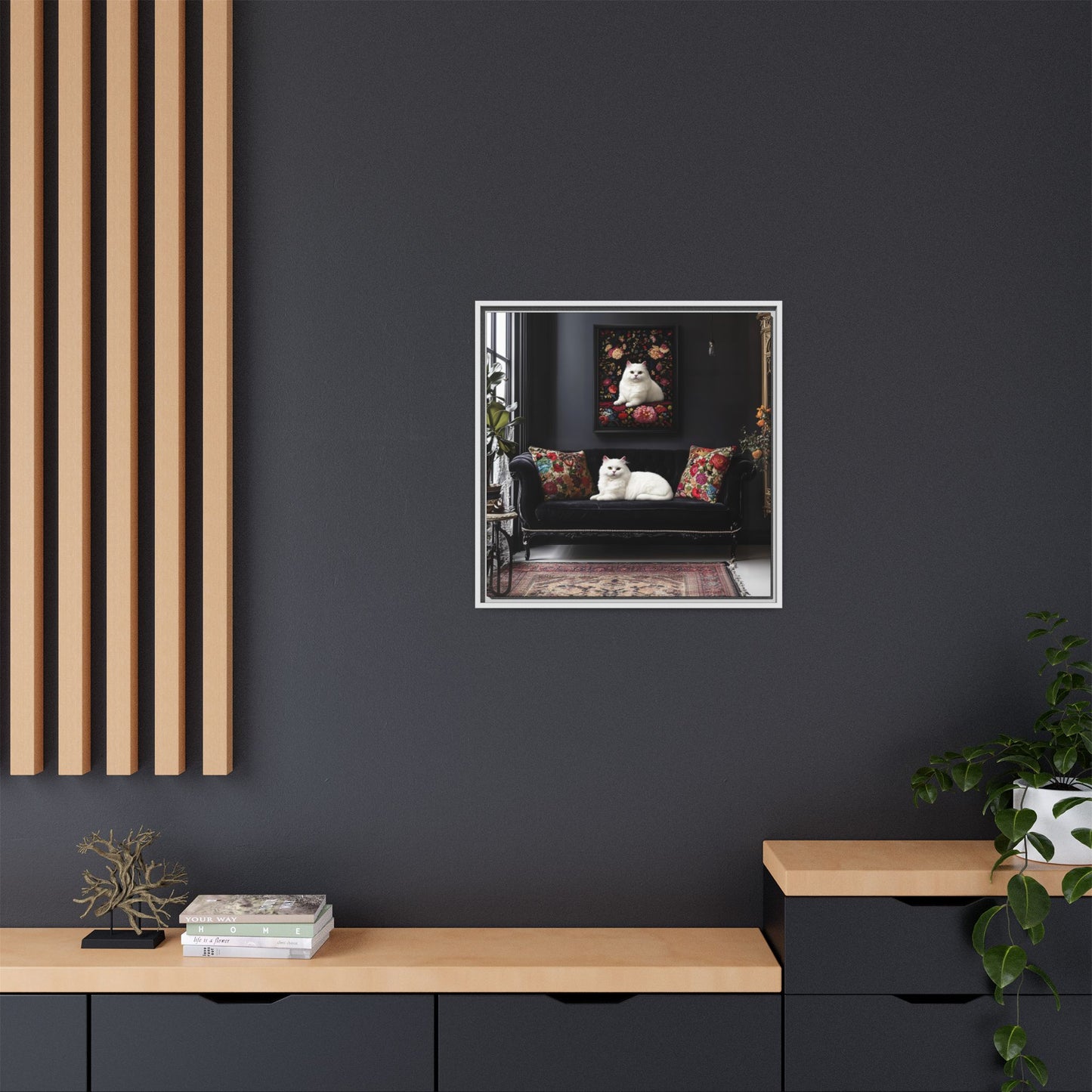 White Persian "House Cat" Portrait Matte Canvas Framed | Floral Still Life Wall Art