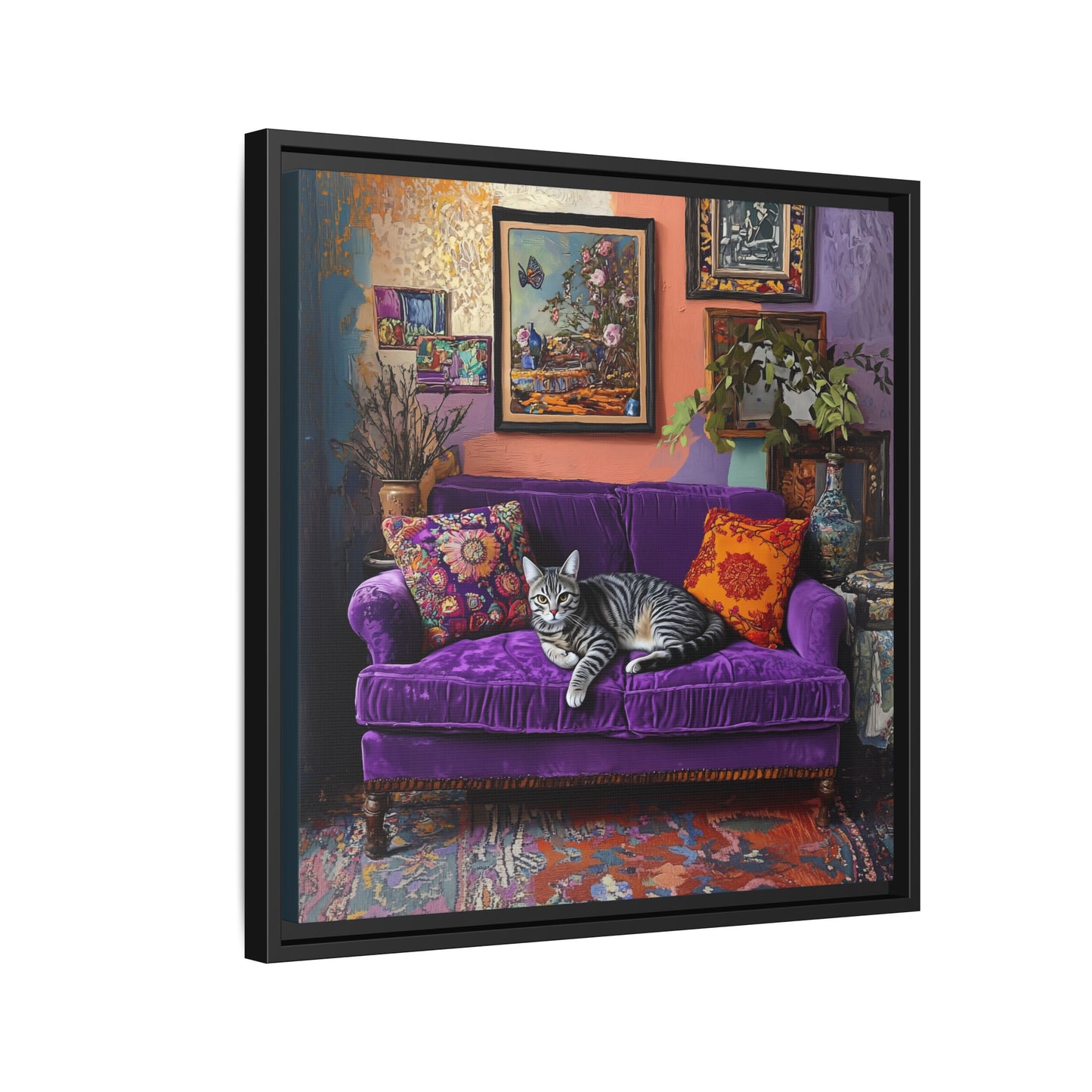 Tabby "House Cat" on Purple Velvet Sofa Matte Canvas Framed | Wall Art