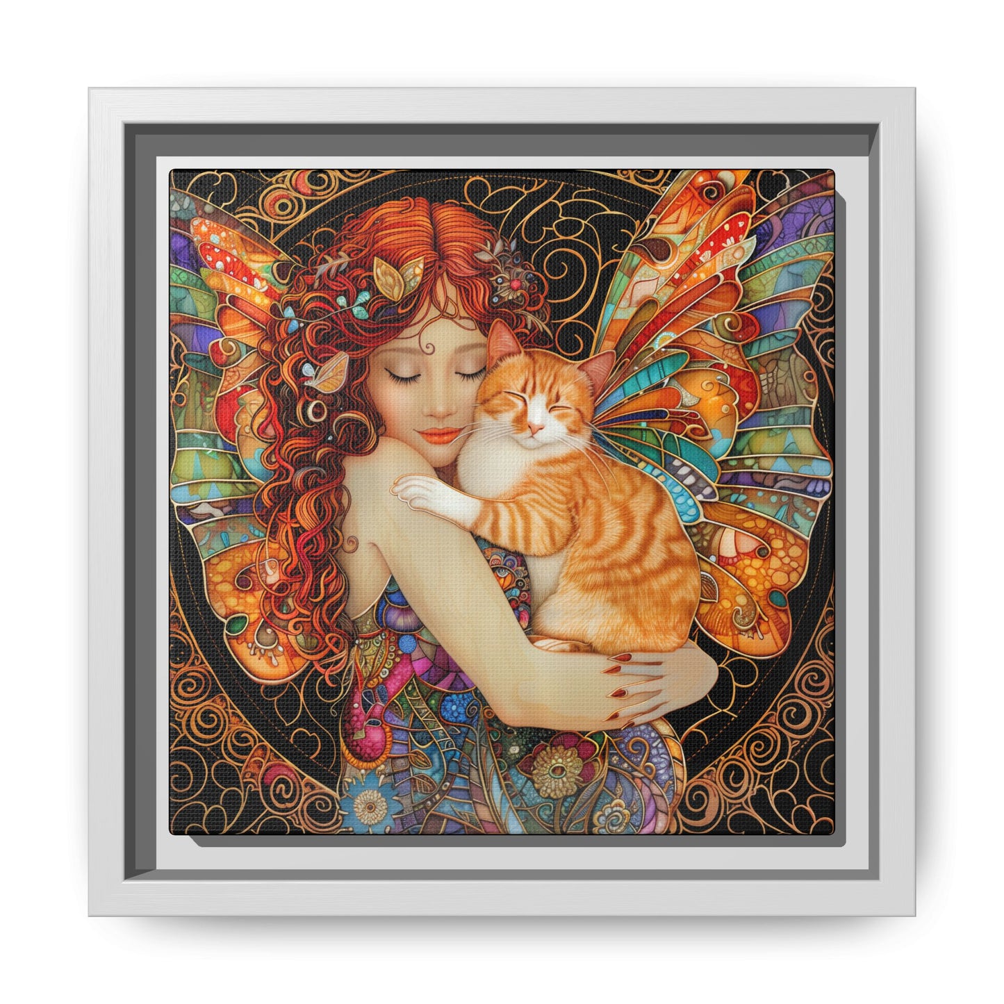 Framed "Tabby"  Fantasy Canvas Art Print - Whimsical Wall Decor, Fairy and Cat Illustration, Magical Gift for Cat Lovers