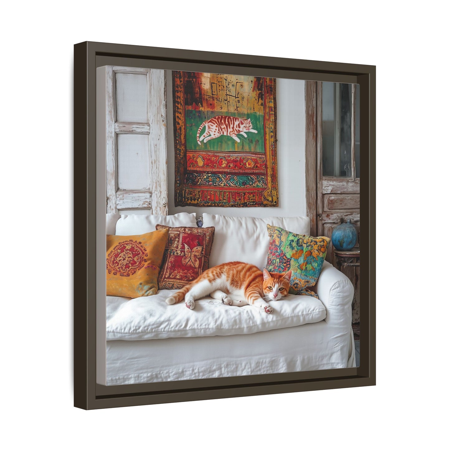 Orange Tabby "House Cat" Sleeping Ginger Cat Sofa Photo Framed Canvas