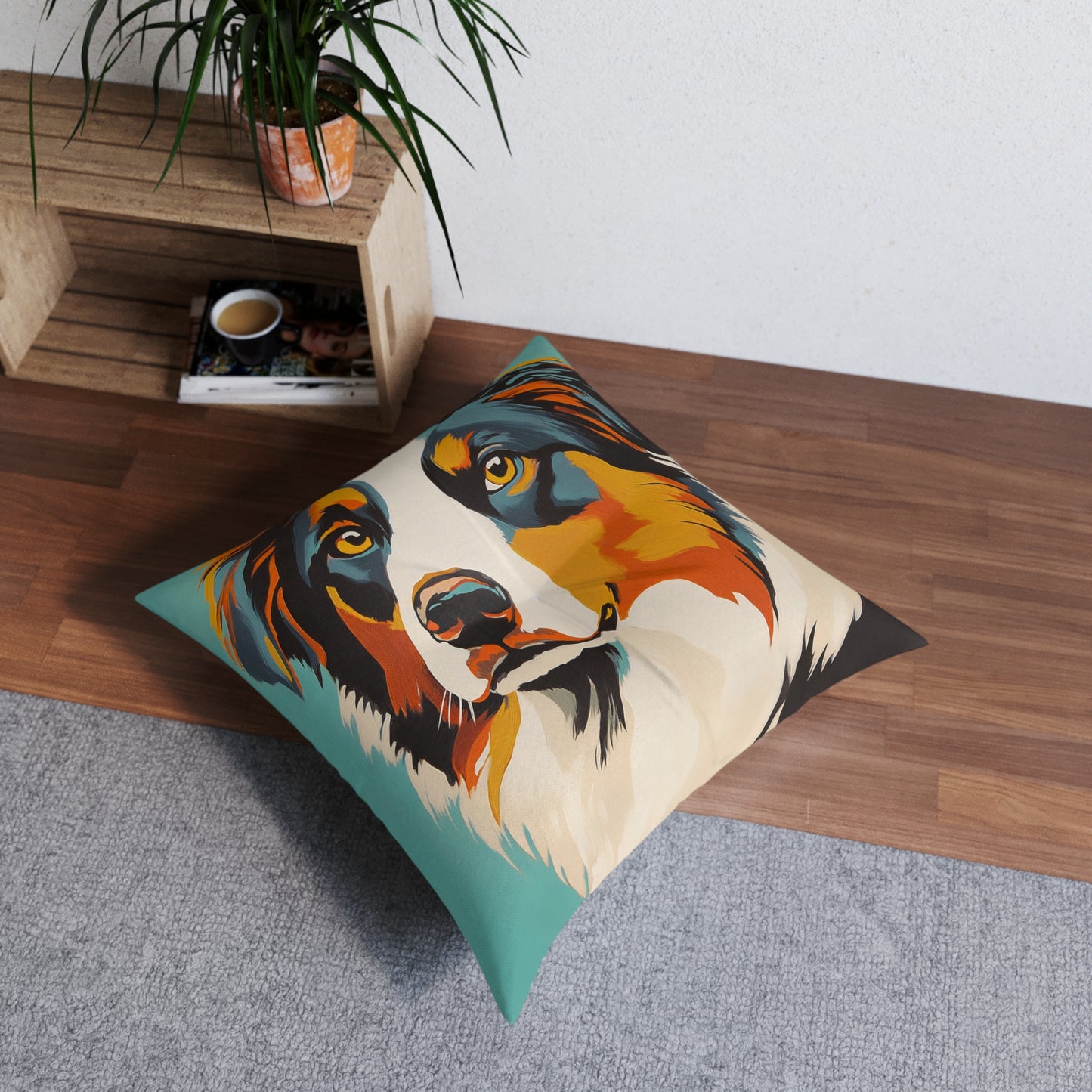 Mid Century Modern Pillow Colorful Australian Shepherd Face Tufted Floor Pillow | Square