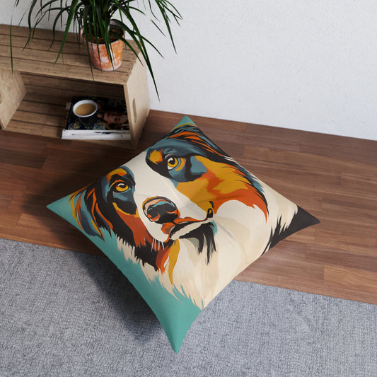 Mid Century Modern Pillow Colorful Australian Shepherd Face Tufted Floor Pillow | Square