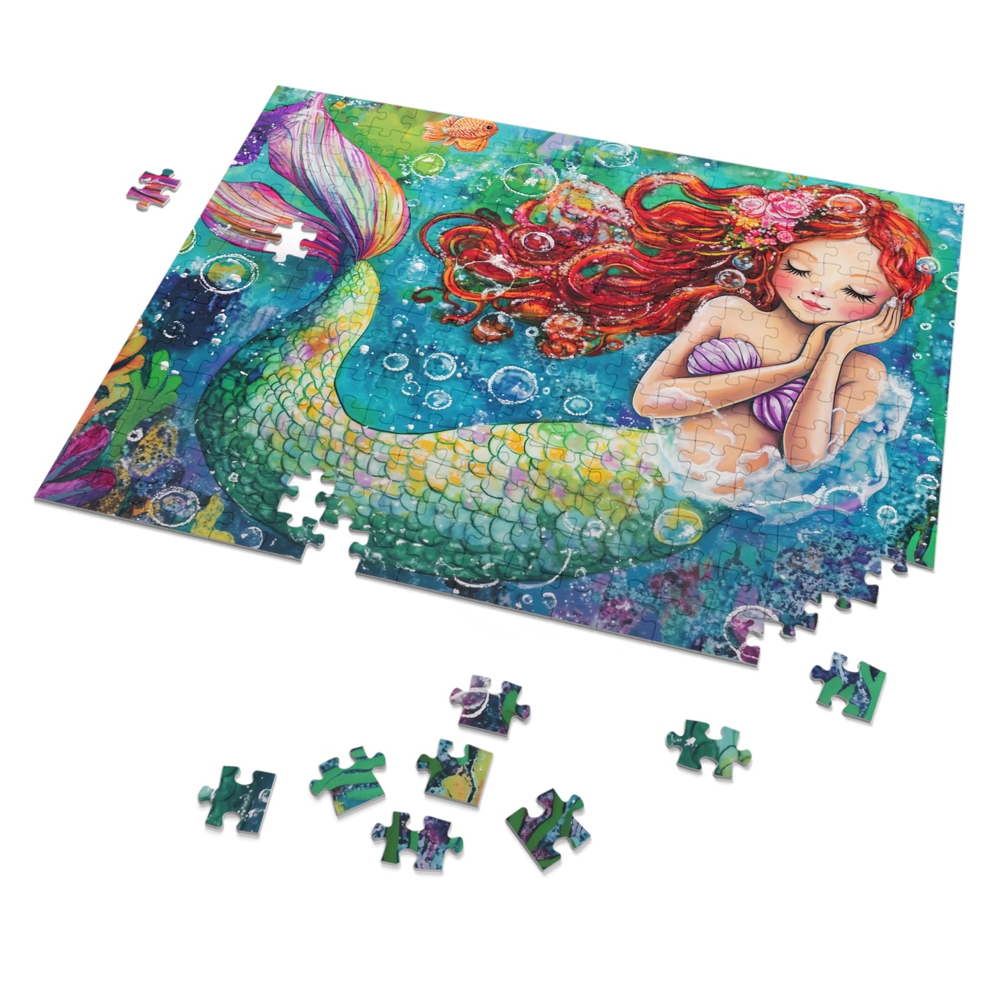 Whimsical Redhead Mermaid Jigsaw Puzzle with Tin | Colorful Underwater Scene