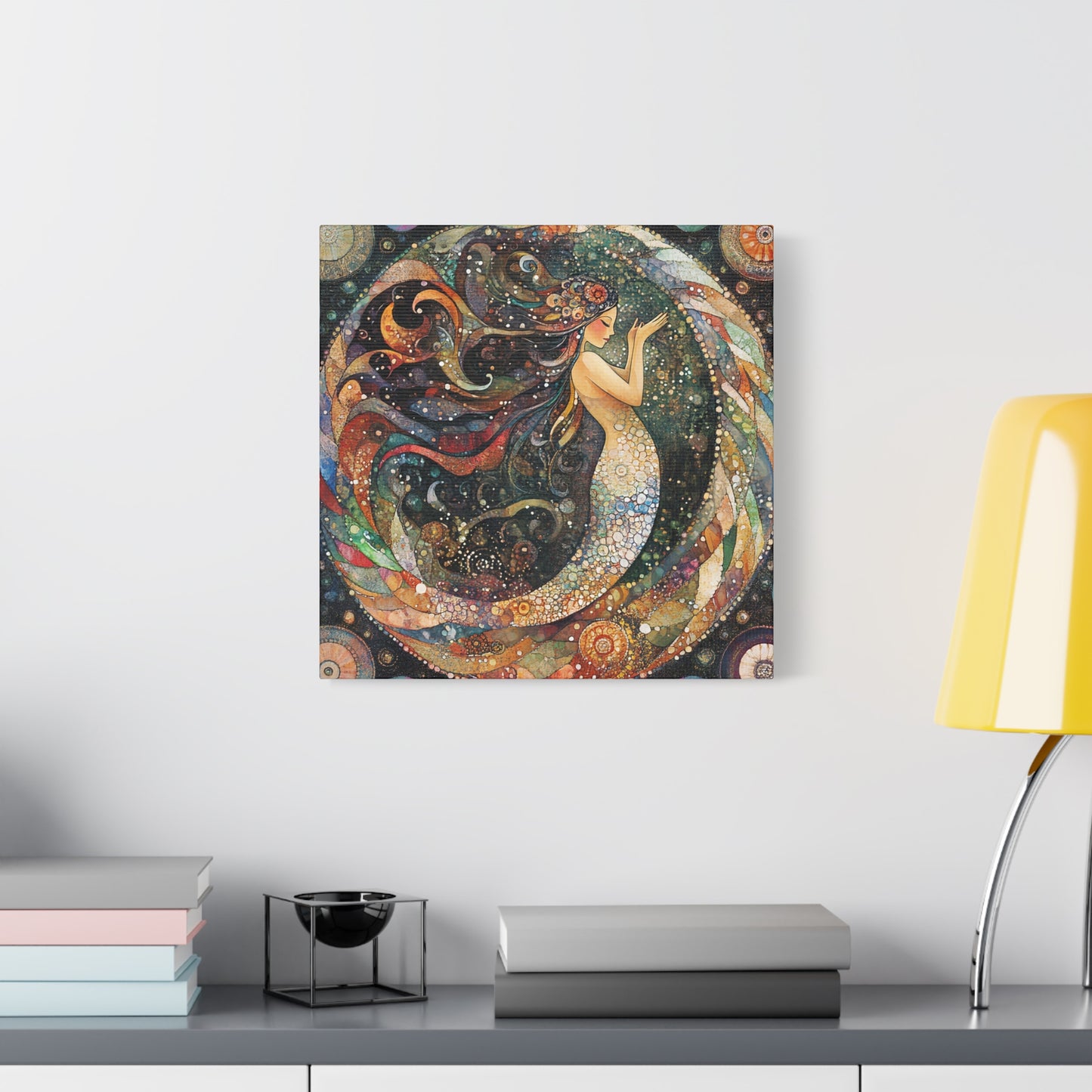 Autumnl Mermaid Canvas Art, Stretched Wall Decor, Bohemian Home Accent, Unique Gift for Sea Lovers, Nautical Art Piece, Coastal Room Decor