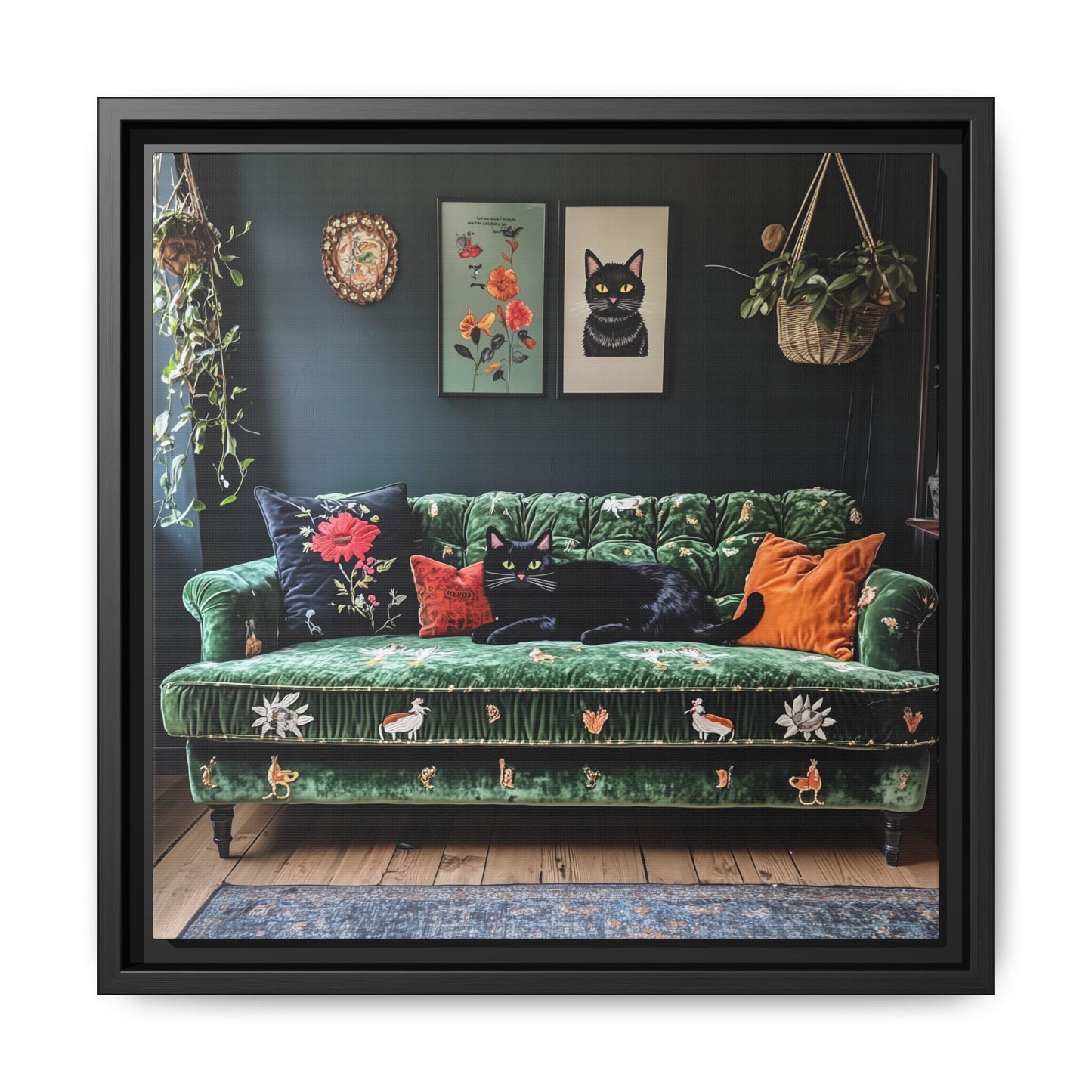 Black "House Cat" Living Room Art Matte Canvas Framed, Green Sofa Boho