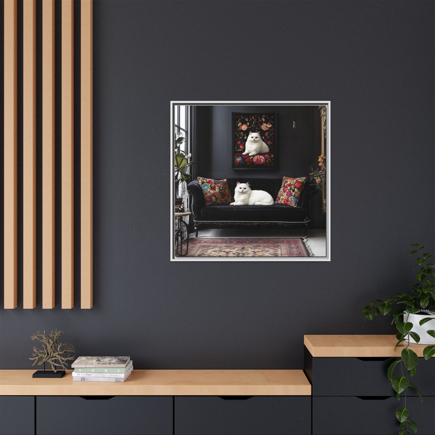 White Persian "House Cat" Portrait Matte Canvas Framed | Floral Still Life Wall Art