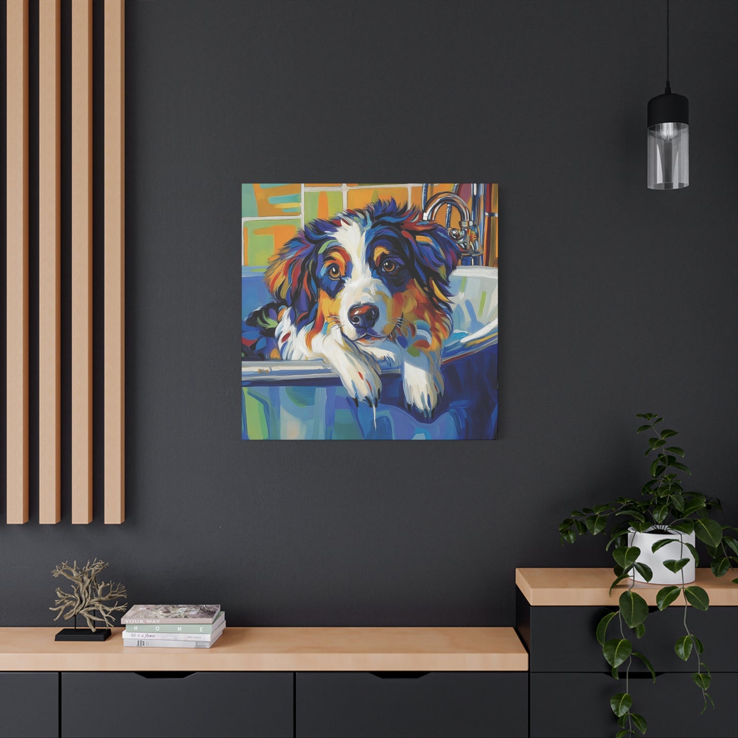 Aussie Bathtub Canvas, Australian Shepherd Art, Aussie Canvas, Tri Color Australian Shepherd Art, Dog Bathtub Prints
