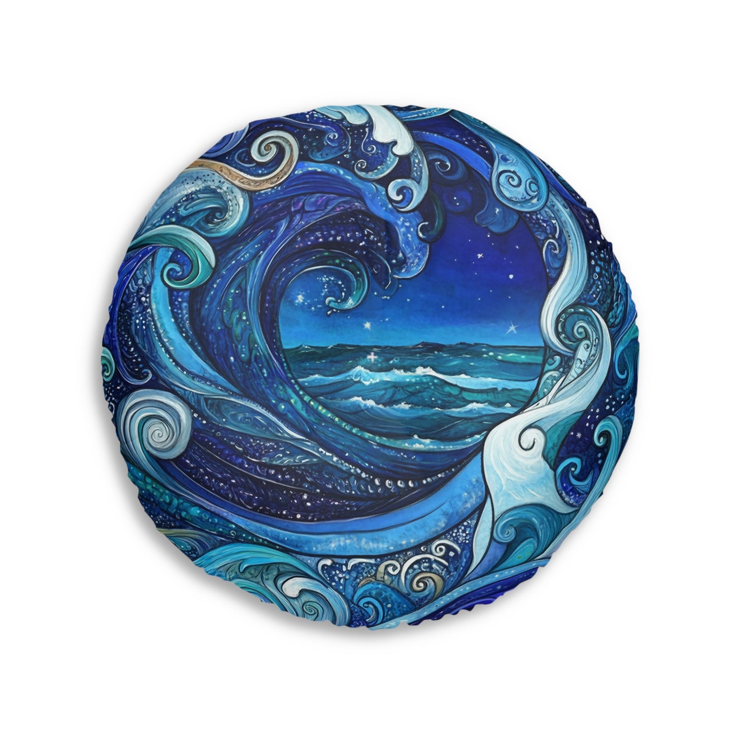 Ocean Wave Round Floor Pillow — Tufted Nautical Bohemian Decor