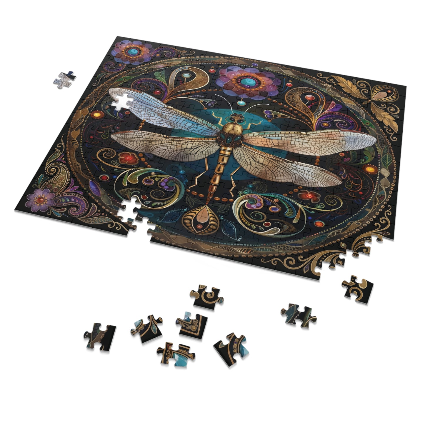 Ornate Dragonfly Jigsaw Puzzle with Tin | Ornate Floral Mosaic