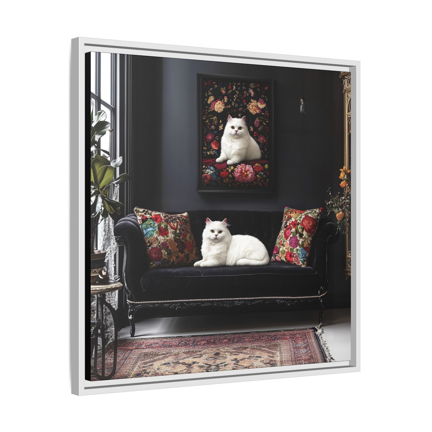 White Persian "House Cat" Portrait Matte Canvas Framed | Floral Still Life Wall Art