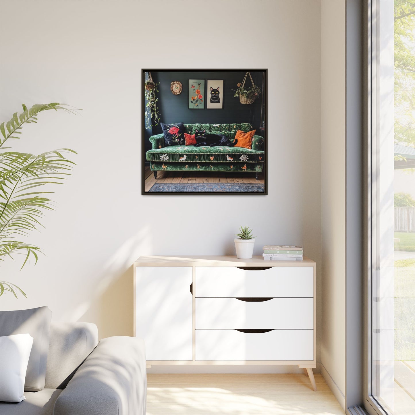 Black "House Cat" Living Room Art Matte Canvas Framed, Green Sofa Boho