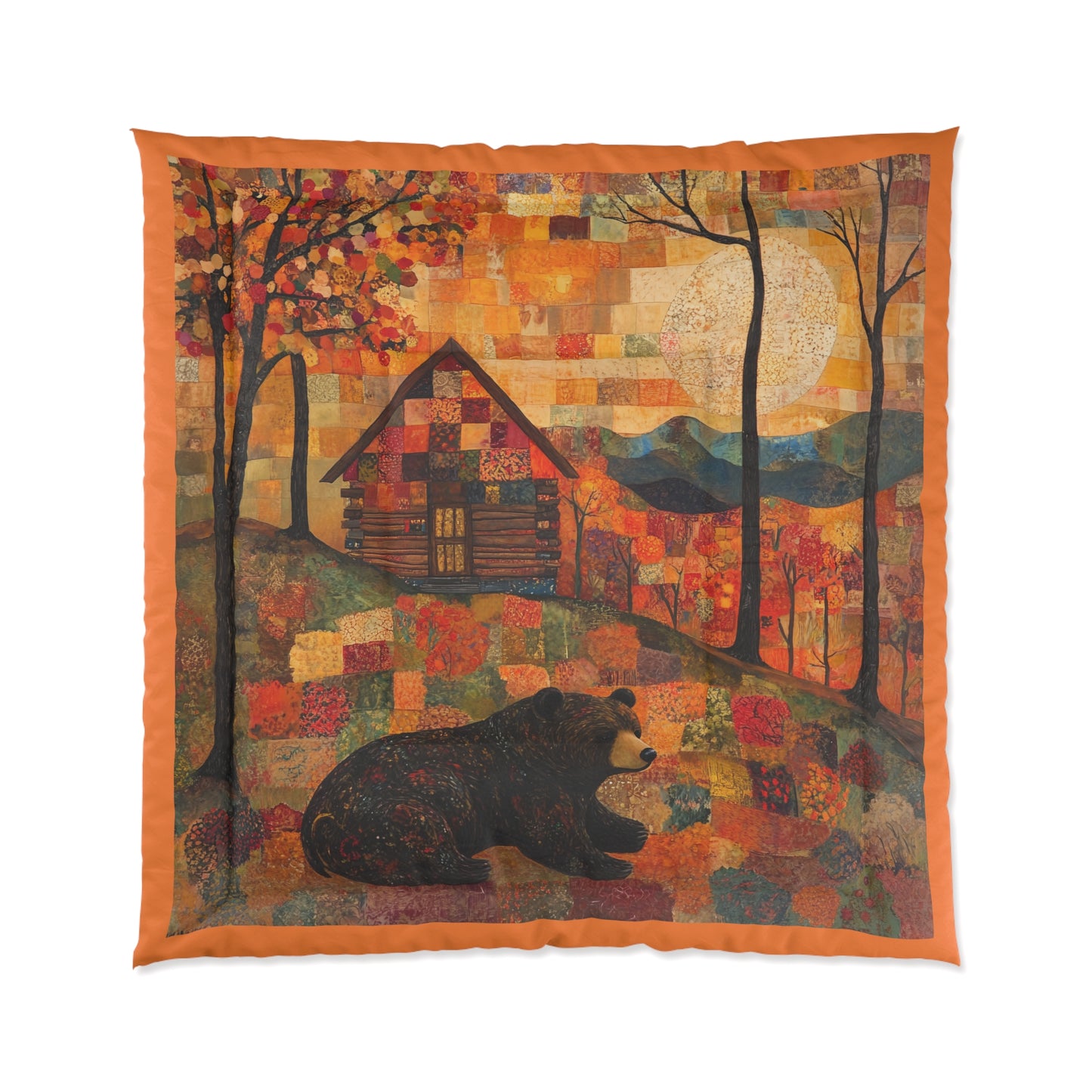 Autumn Cabin Bear Comforter | Fall Patchwork Lodge Bedding