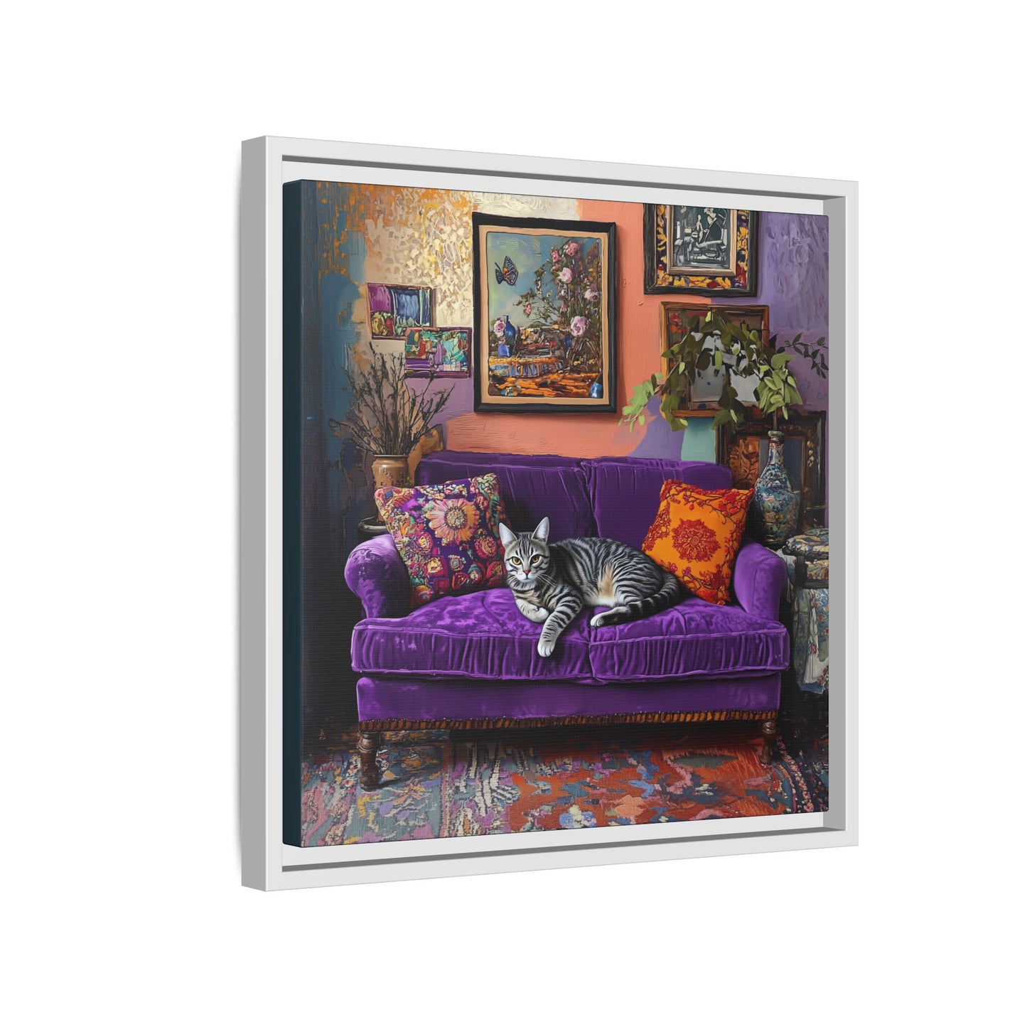 Tabby "House Cat" on Purple Velvet Sofa Matte Canvas Framed | Wall Art