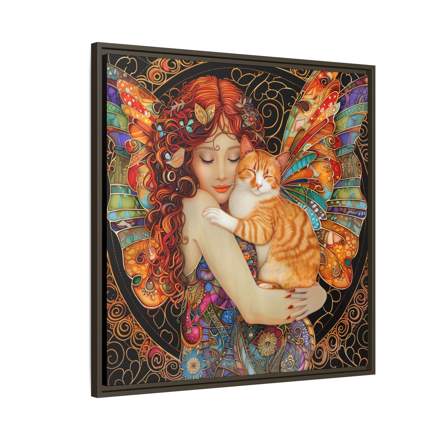Framed "Tabby"  Fantasy Canvas Art Print - Whimsical Wall Decor, Fairy and Cat Illustration, Magical Gift for Cat Lovers