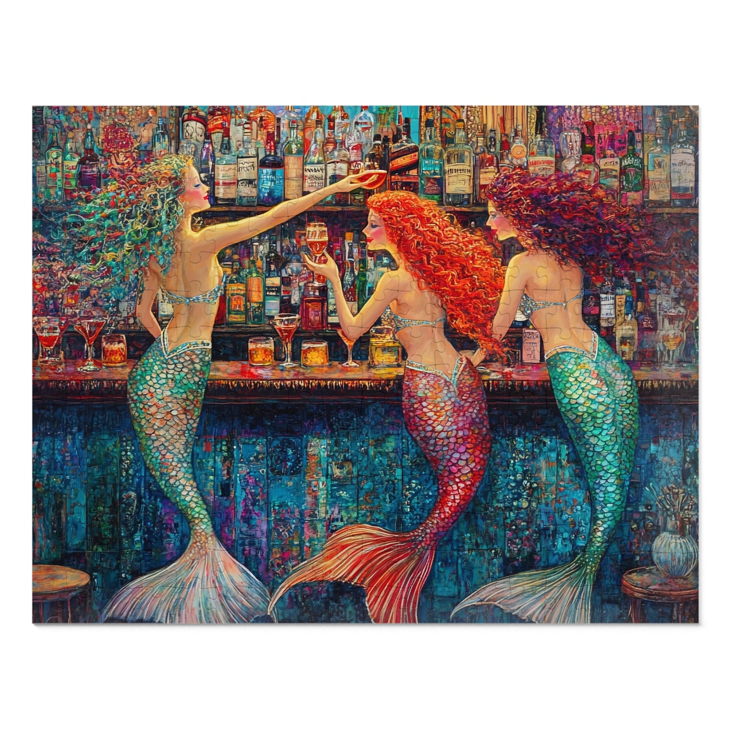 Mermaid Bar Scene Jigsaw Puzzle with Tin | Colorful Ocean Sirens