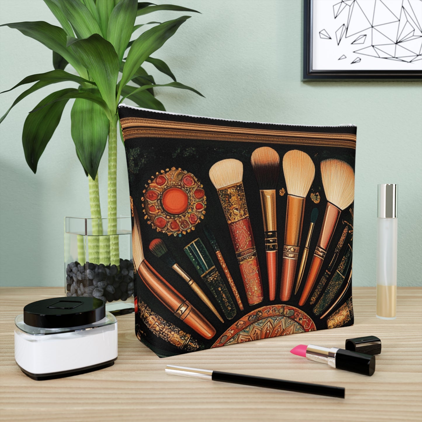 Artistic Vintage Look Makeup Bag, Bohemian Cosmetic Pouch, Travel Toiletry Case, Gift for Beauty Lovers, Vintage Brush Design