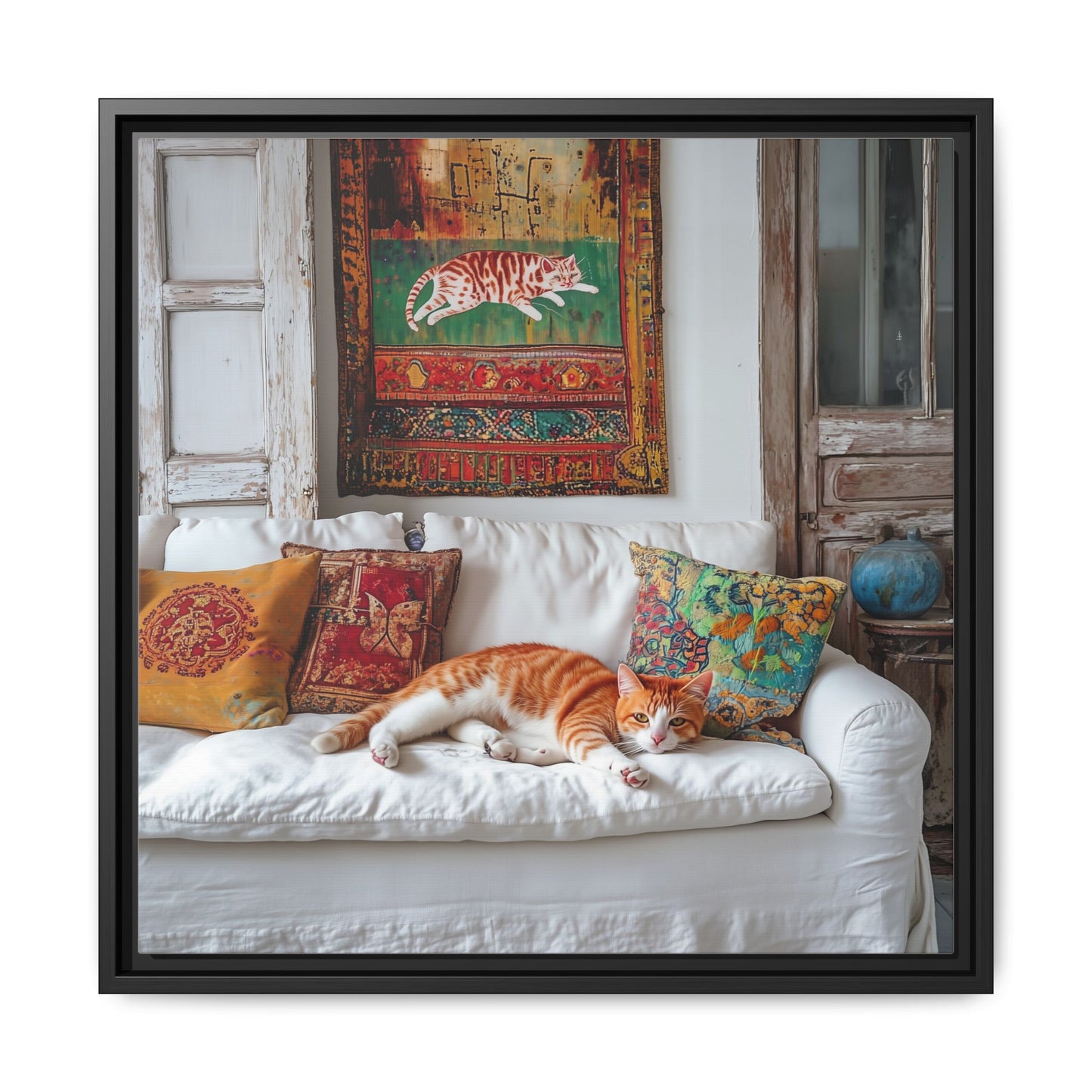 Orange Tabby "House Cat" Sleeping Ginger Cat Sofa Photo Framed Canvas