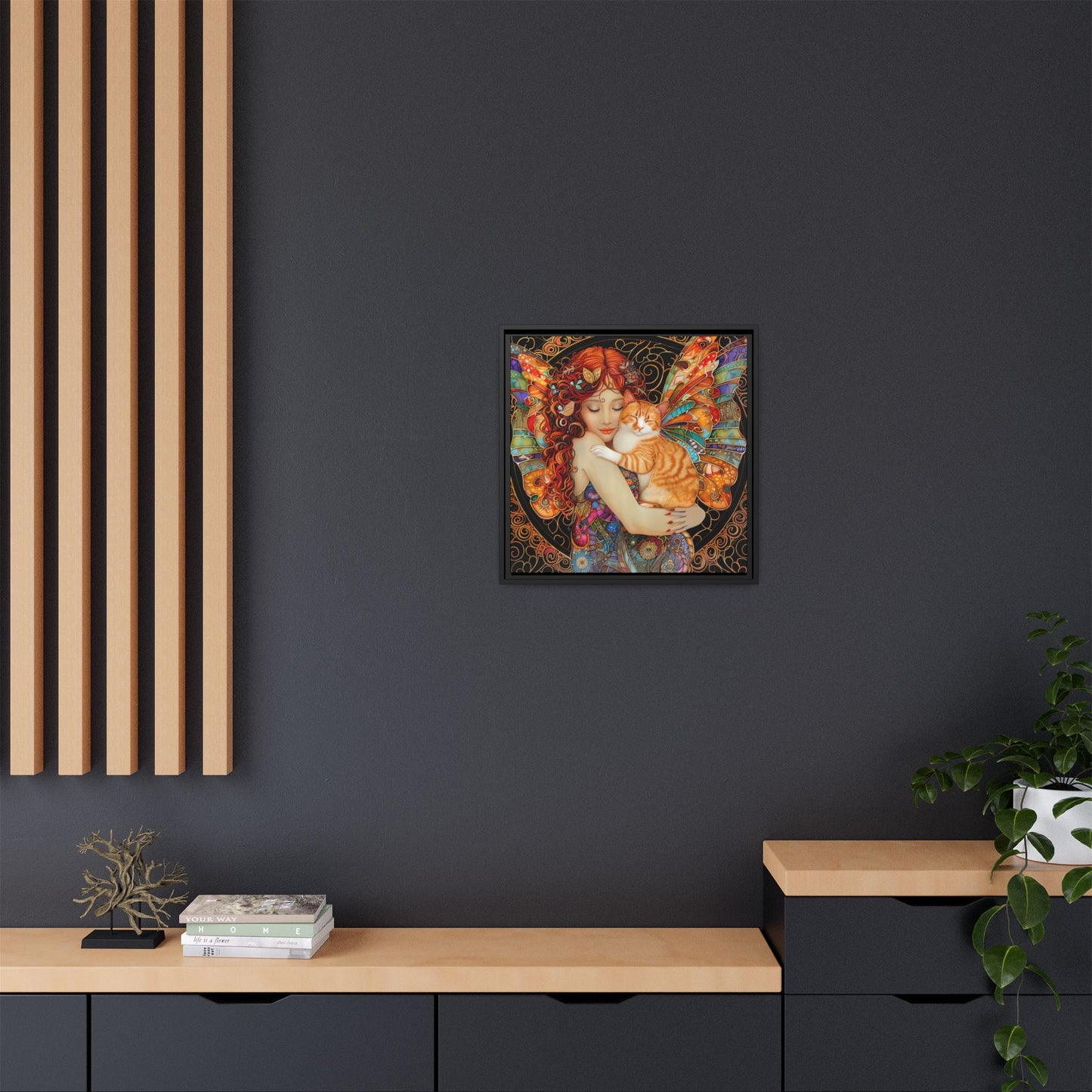 Framed "Tabby"  Fantasy Canvas Art Print - Whimsical Wall Decor, Fairy and Cat Illustration, Magical Gift for Cat Lovers