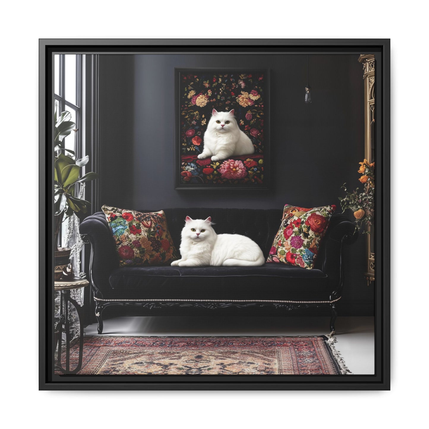 White Persian "House Cat" Portrait Matte Canvas Framed | Floral Still Life Wall Art