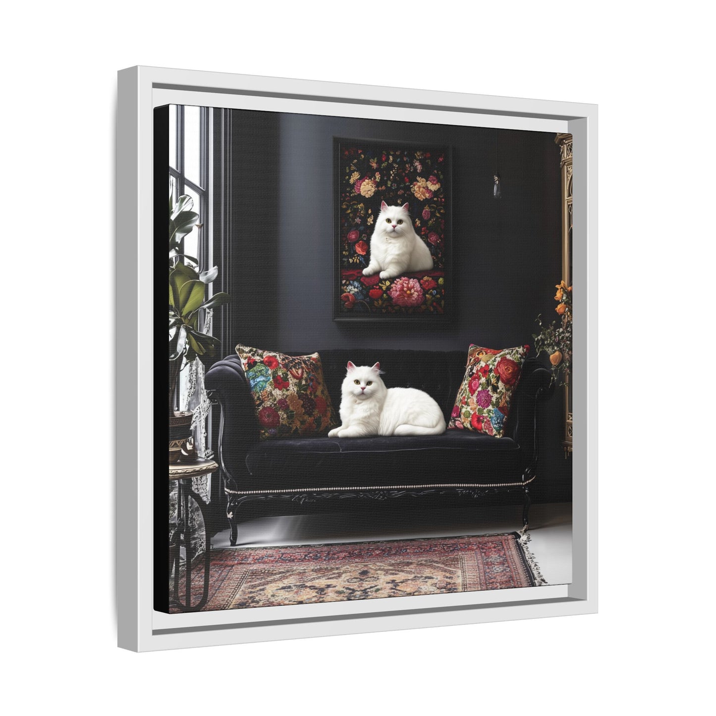 White Persian "House Cat" Portrait Matte Canvas Framed | Floral Still Life Wall Art