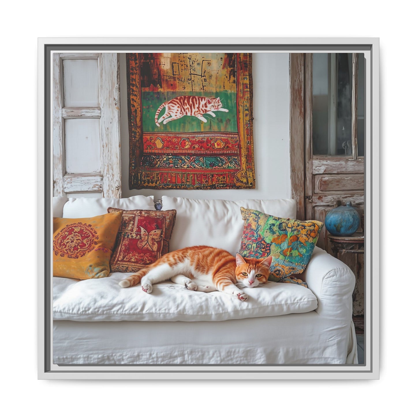 Orange Tabby "House Cat" Sleeping Ginger Cat Sofa Photo Framed Canvas