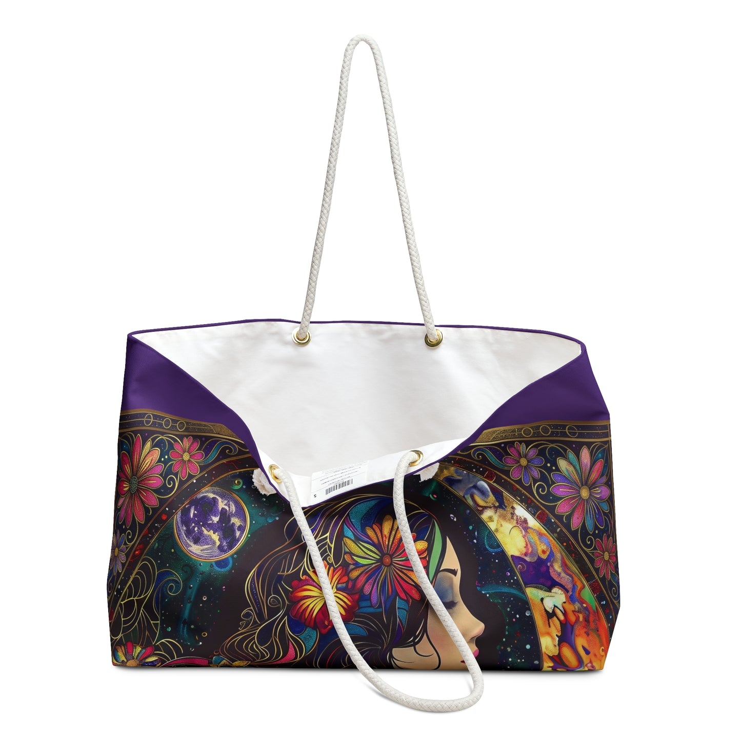 Floral Moon Woman Weekender Bag  Boho Celestial Tote, Purple,  Rope Handles