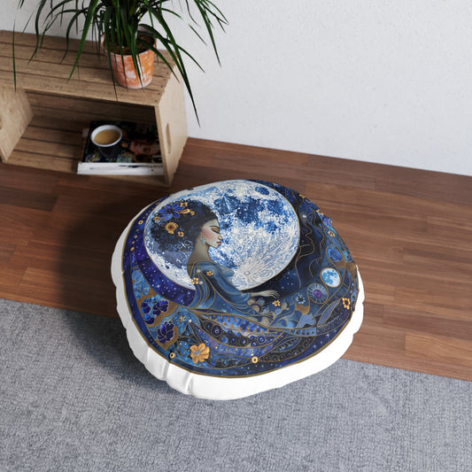 Blue Moon Goddess Tufted Floor Pillow, Round - Moon Goddess Decor, Bohemian Home Accent, Cozy Living Space, Gift for Her