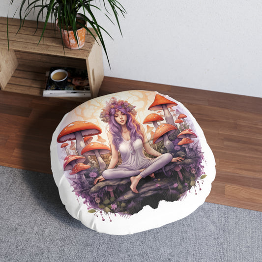 Bohemian Mushroom Tufted Floor Pillow, Cozy Meditation Cushion, Round Throw Pillow, Boho Decor, Home Accent, Gift for Nature Lovers