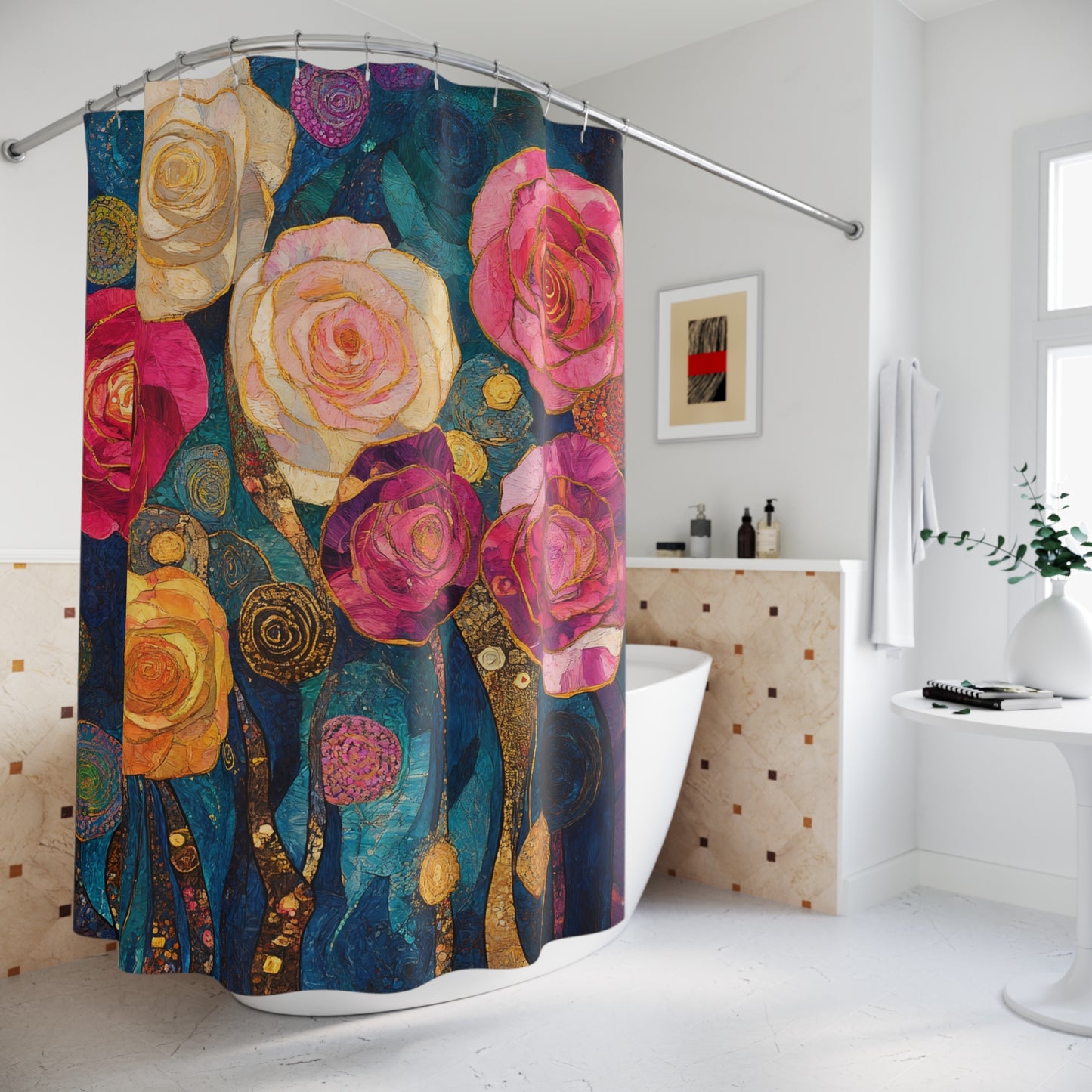 Watercolor Rose Bouquet Shower Curtain | Floral Bathroom Decor