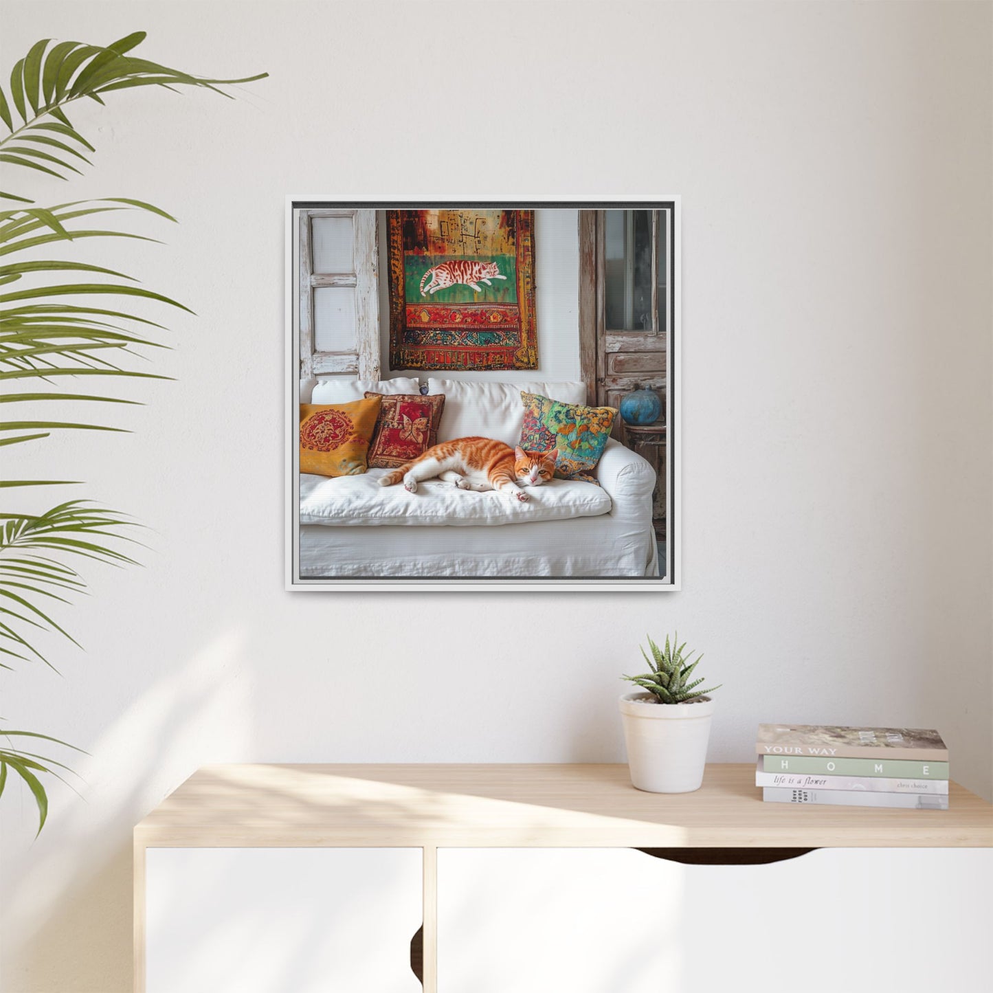 Orange Tabby "House Cat" Sleeping Ginger Cat Sofa Photo Framed Canvas